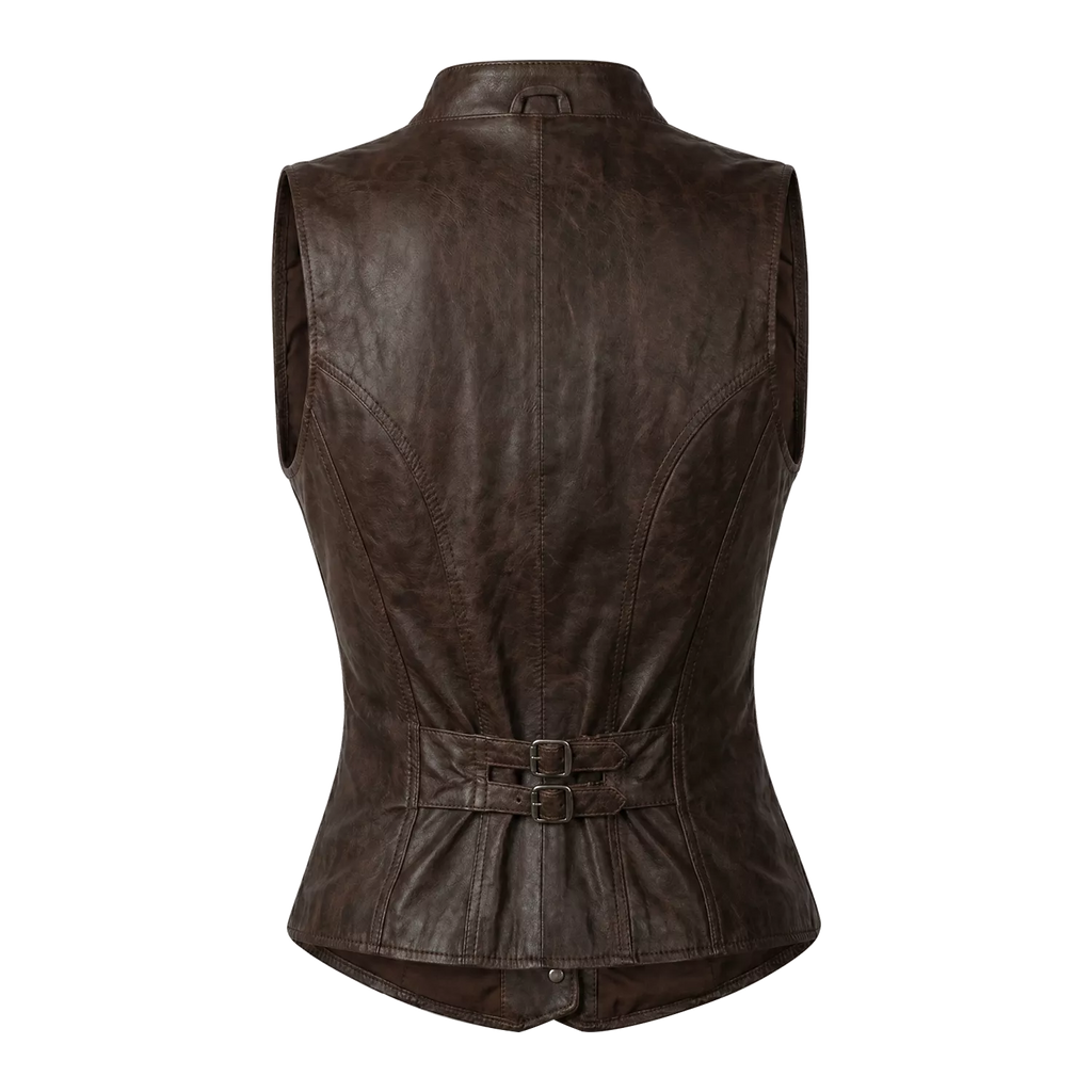 Women’s Brown Distressed Leather Vest | Vintage Button Front Waistcoat