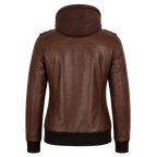 Women’s Brown Hooded Leather Bomber Jacket | Casual Zip-Up Winter Jacket