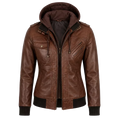 Women’s Brown Hooded Leather Bomber Jacket | Casual Zip-Up Winter Jacket