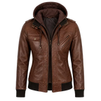 Women’s Brown Hooded Leather Bomber Jacket | Casual Zip-Up Winter Jacket