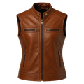 Women’s Brown Leather Waistcoat | Zip Front Sleeveless Biker Vest