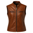Women’s Brown Leather Waistcoat | Zip Front Sleeveless Biker Vest