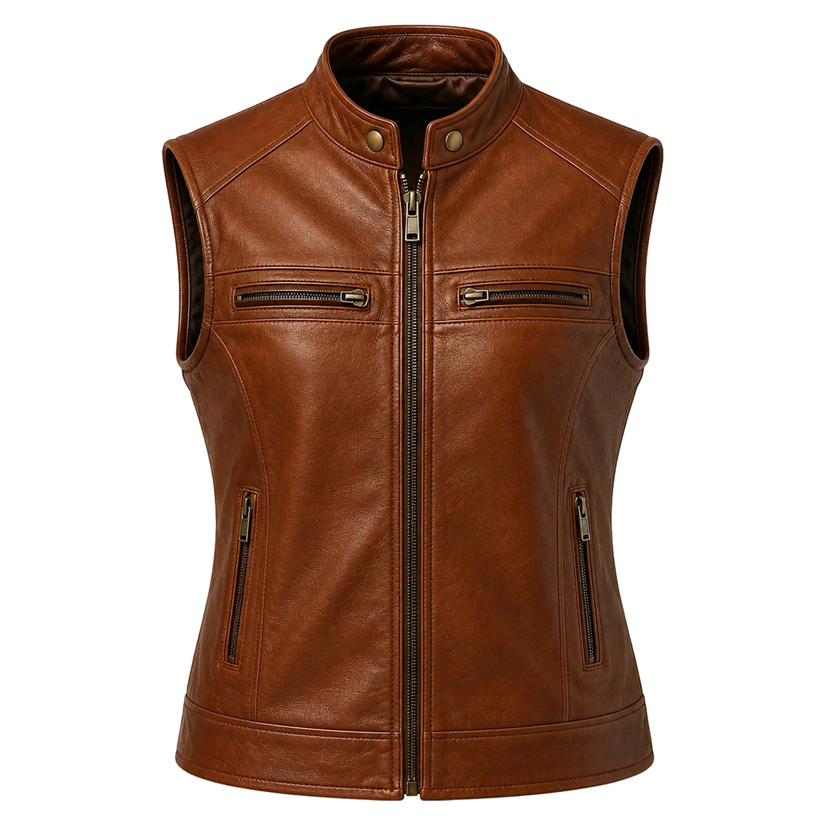 Women’s Brown Leather Waistcoat | Zip Front Sleeveless Biker Vest