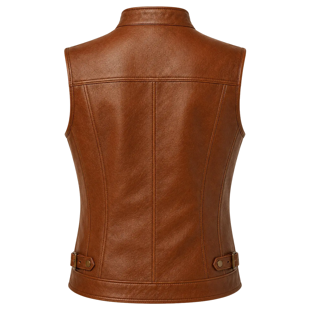 Women’s Brown Leather Waistcoat | Zip Front Sleeveless Biker Vest