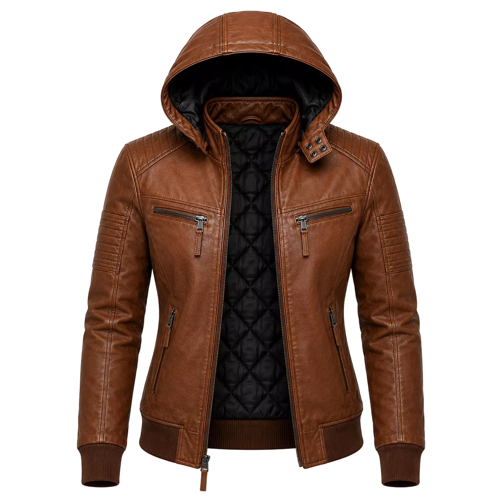 Women’s Brown Maverick Hooded Biker Leather Jacket