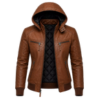 Women’s Brown Maverick Hooded Biker Leather Jacket