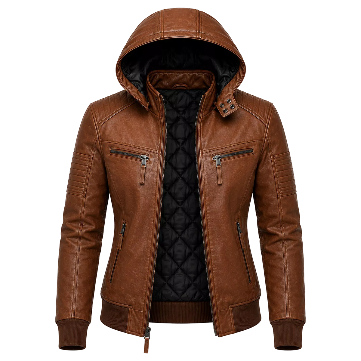 Women’s Brown Maverick Hooded Biker Leather Jacket