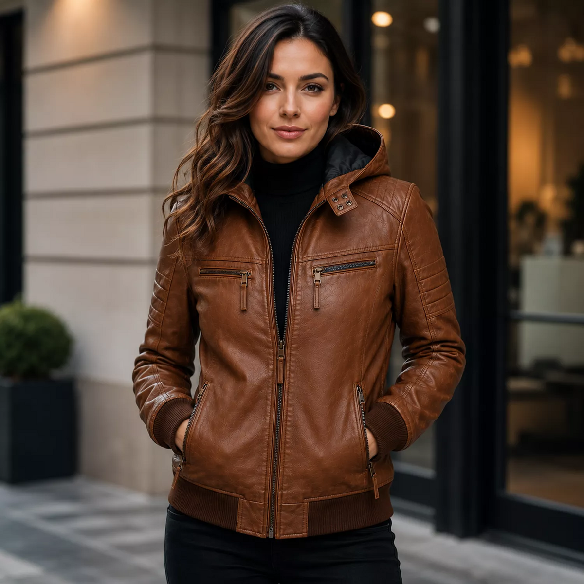 Women’s Brown Maverick Hooded Biker Leather Jacket