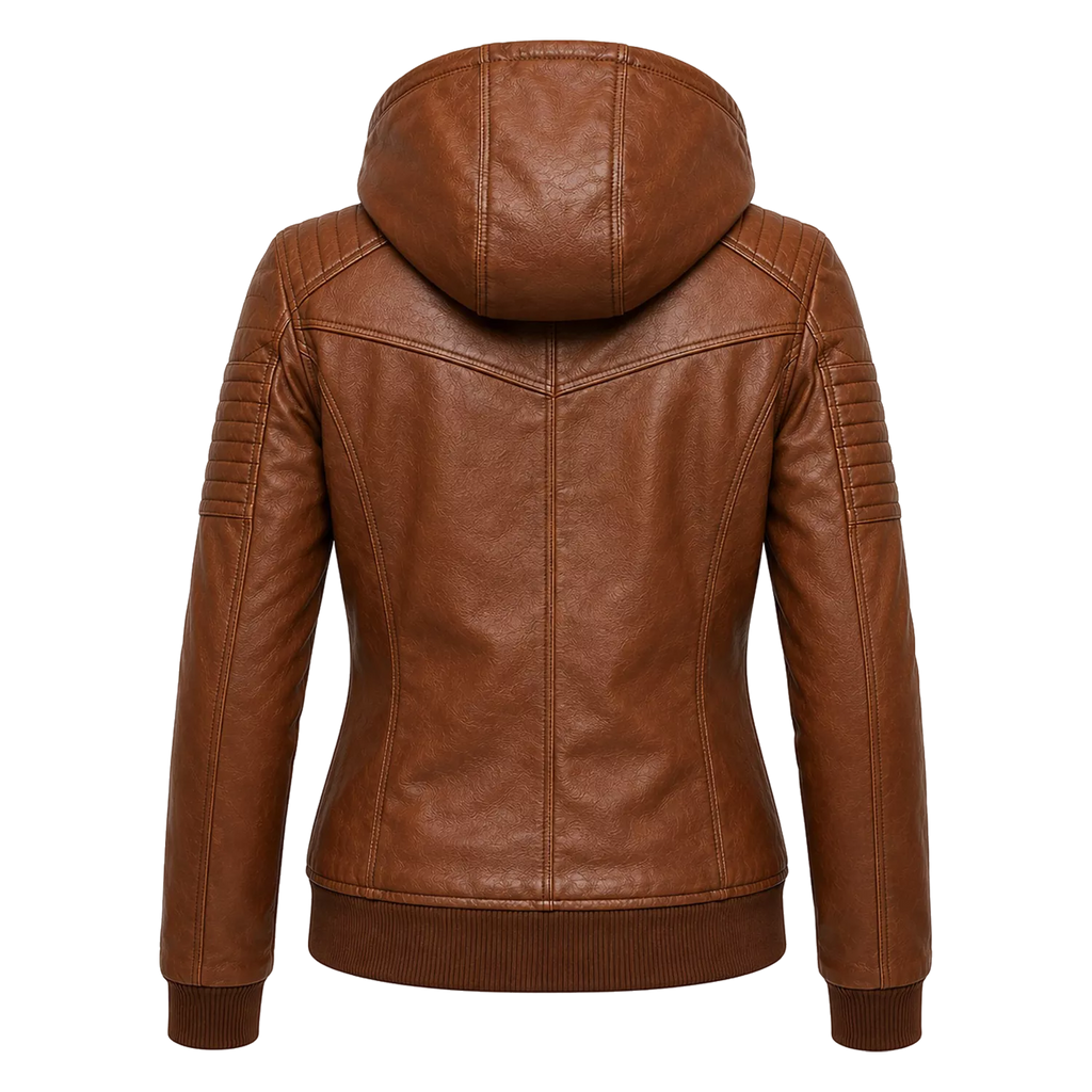 Women’s Brown Maverick Hooded Biker Leather Jacket
