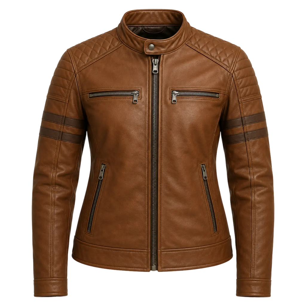 Women’s Brown Quilted Cafe Racer Leather Jacket | Rogue Biker Style