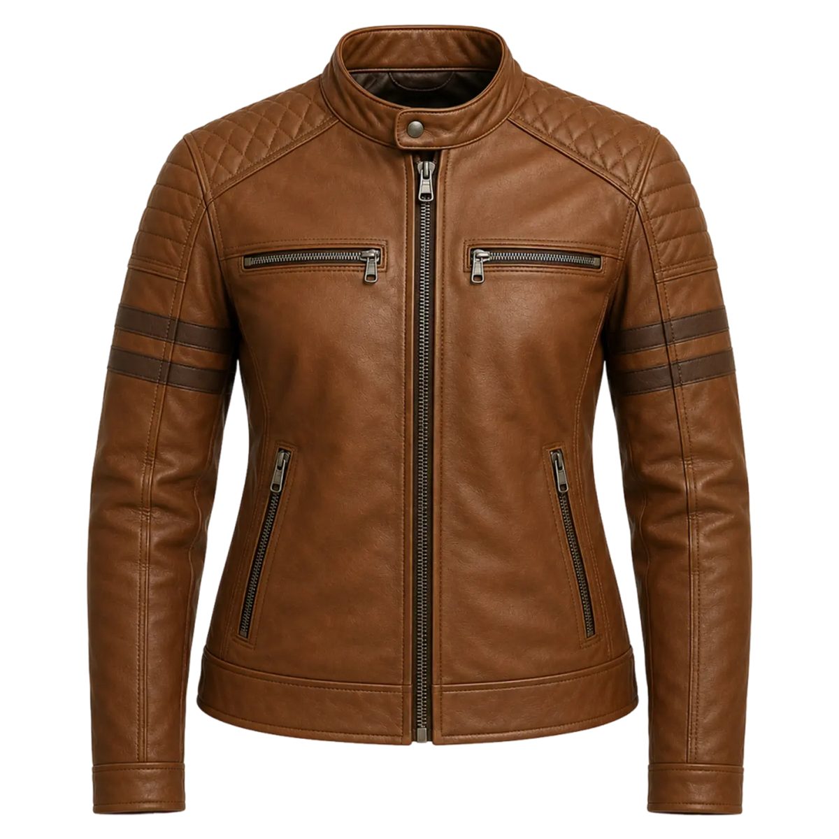 Women’s Brown Quilted Cafe Racer Leather Jacket | Rogue Biker Style