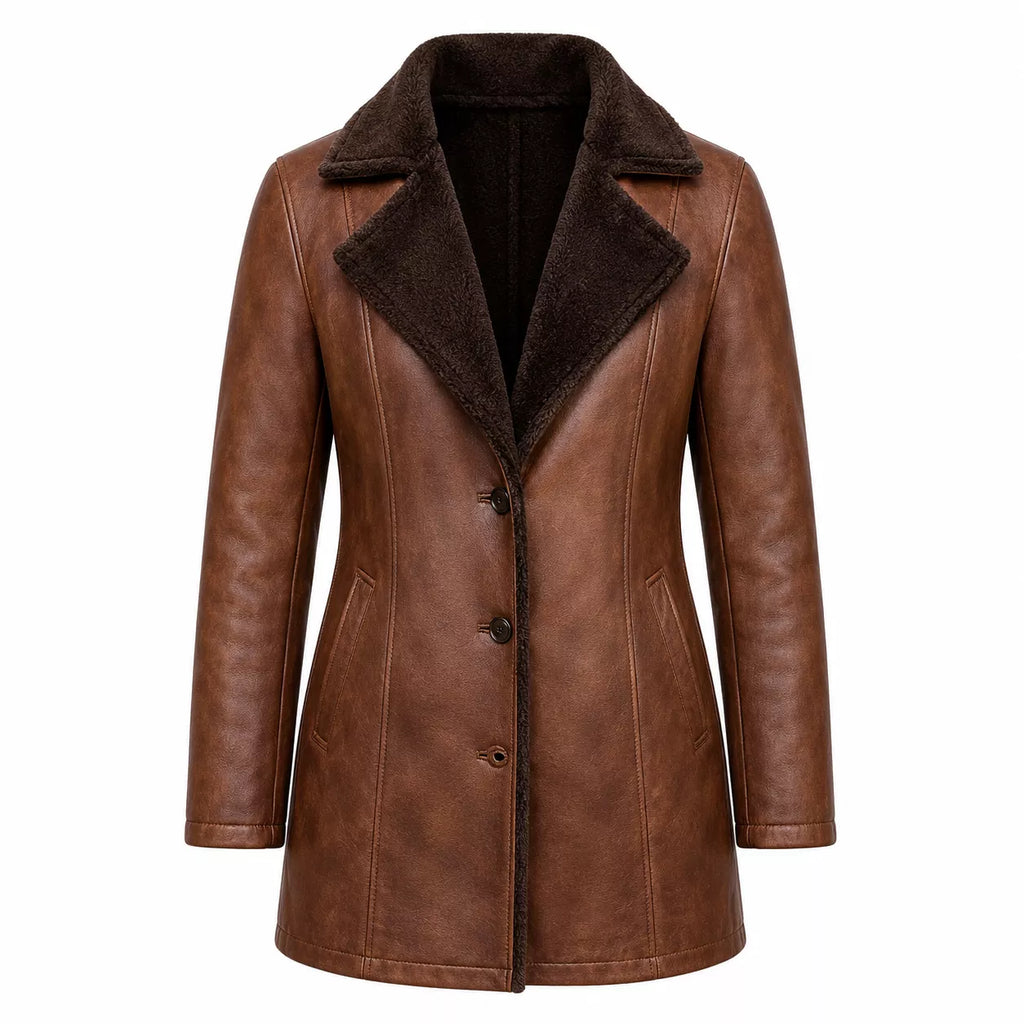 Women’s Brown Shearling-Lined Leather Coat | Warm Button Front Winter Jacket