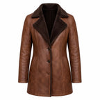 Women’s Brown Shearling-Lined Leather Coat | Warm Button Front Winter Jacket