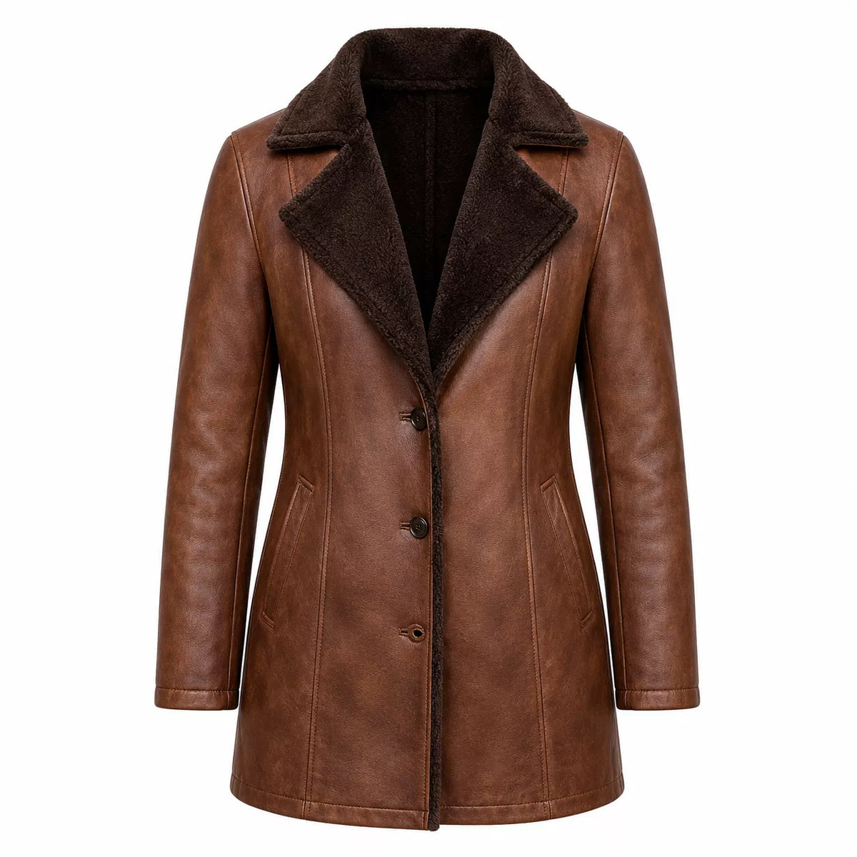 Women’s Brown Shearling-Lined Leather Coat | Warm Button Front Winter Jacket
