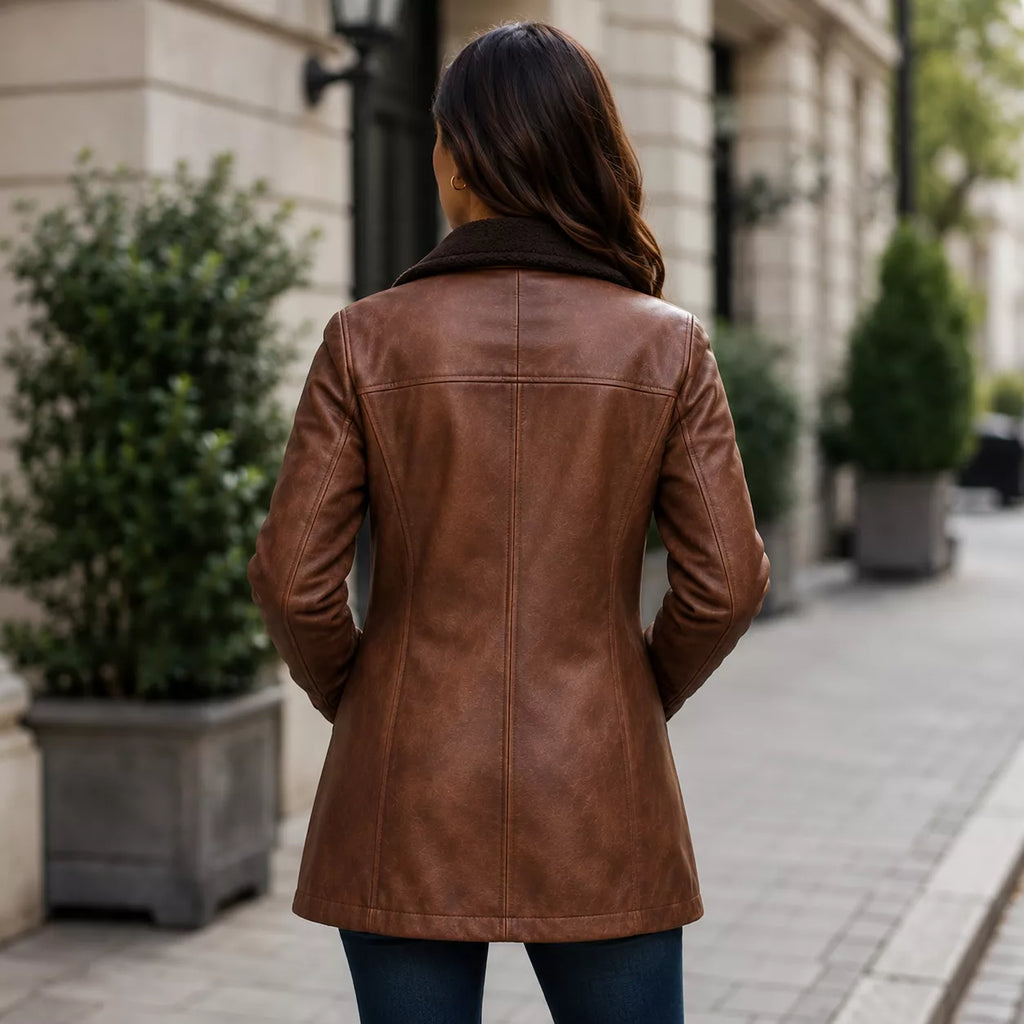 Women’s Brown Shearling-Lined Leather Coat | Warm Button Front Winter Jacket