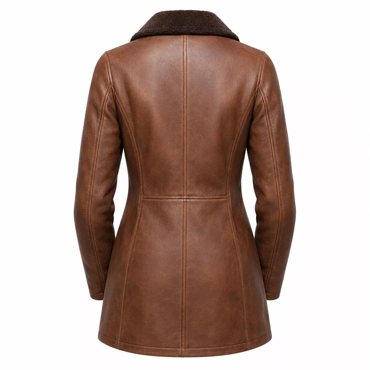 Women’s Brown Shearling-Lined Leather Coat | Warm Button Front Winter Jacket
