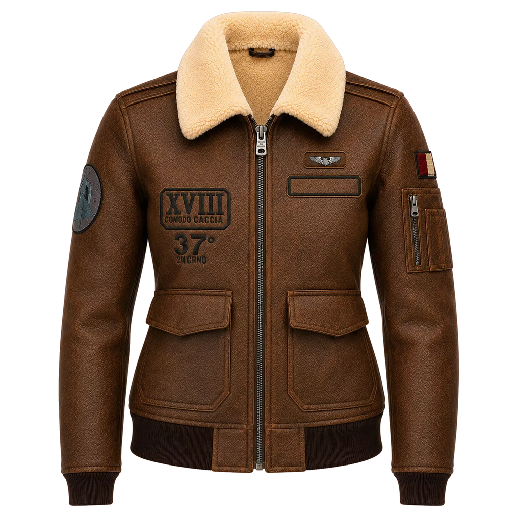 Women’s Brown Shearling Aviator Leather Jacket | Patch Detail Bomber Jacket