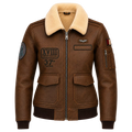 Women’s Brown Shearling Aviator Leather Jacket | Patch Detail Bomber Jacket
