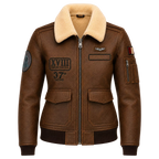 Women’s Brown Shearling Aviator Leather Jacket | Patch Detail Bomber Jacket