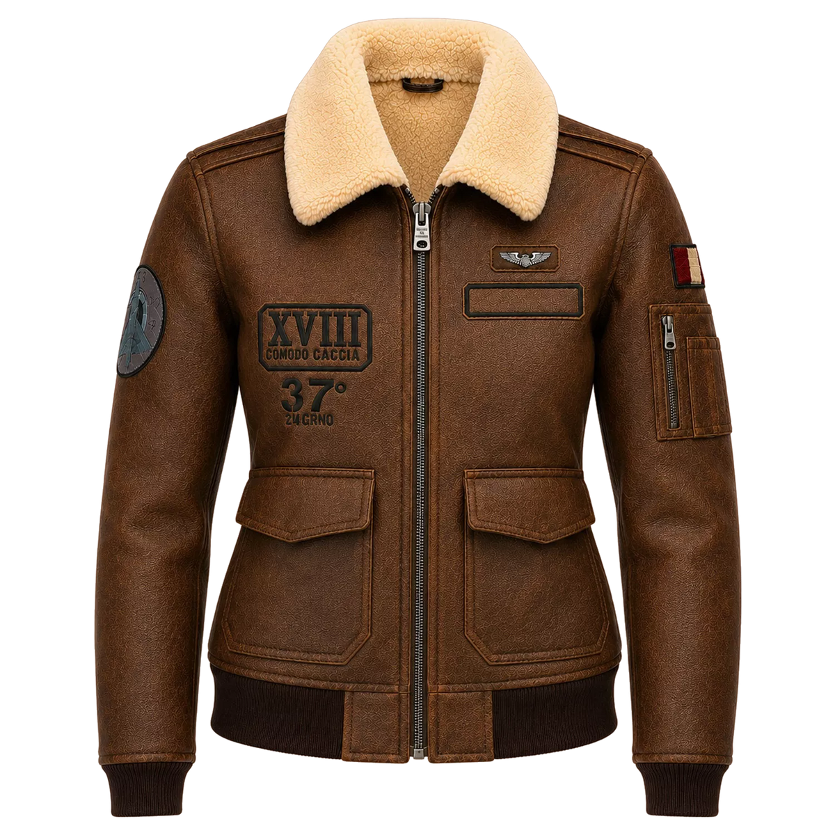 Women’s Brown Shearling Aviator Leather Jacket | Patch Detail Bomber Jacket