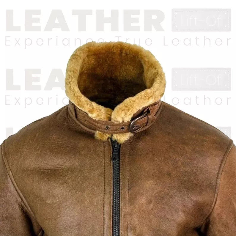 Women’s Brown Shearling Leather Aviator Jacket | Warm Winter Zip Jacket