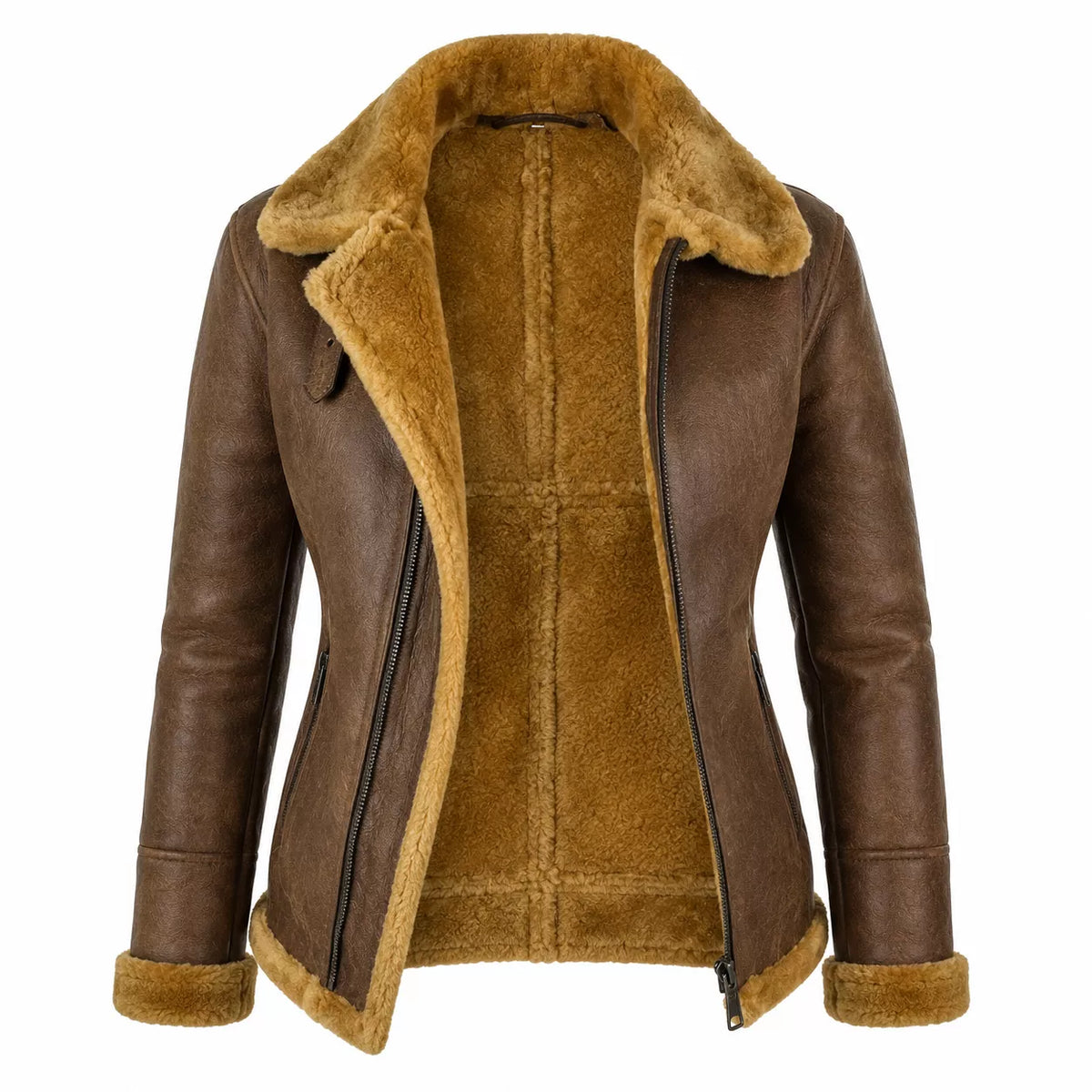 Women’s Brown Shearling Leather Aviator Jacket | Warm Winter Zip Jacket