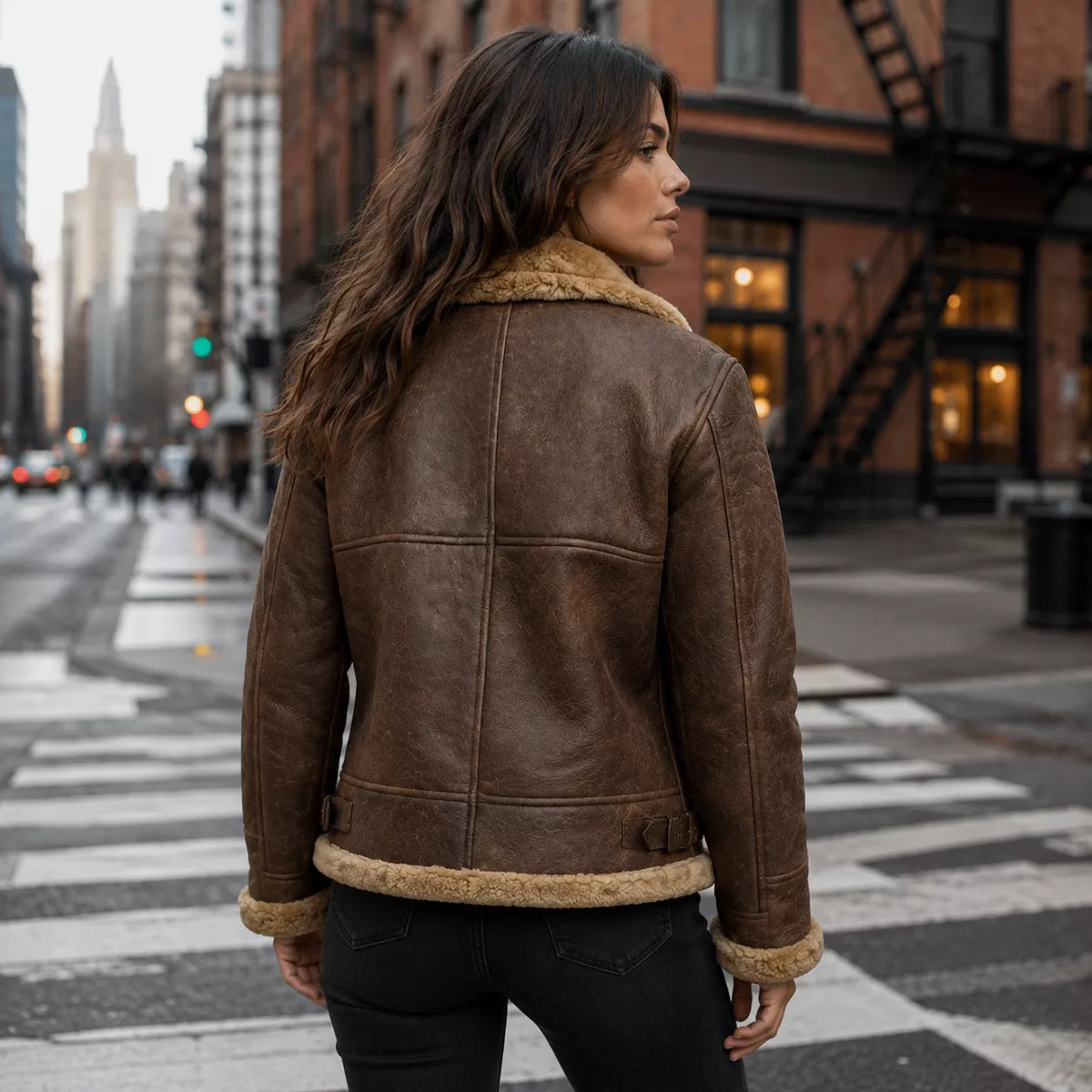 Women’s Brown Shearling Leather Aviator Jacket | Warm Winter Zip Jacket