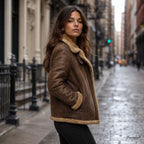Women’s Brown Shearling Leather Aviator Jacket | Warm Winter Zip Jacket