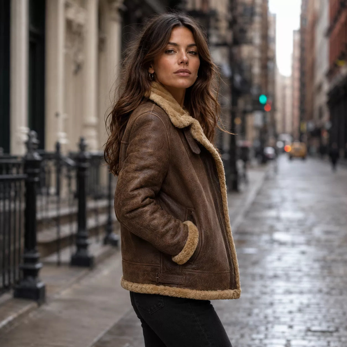 Women’s Brown Shearling Leather Aviator Jacket | Warm Winter Zip Jacket