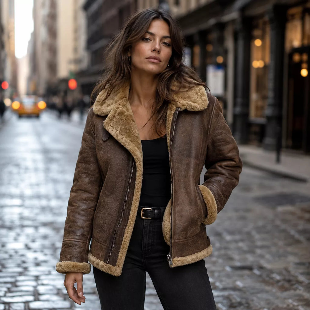 Women’s Brown Shearling Leather Aviator Jacket | Warm Winter Zip Jacket
