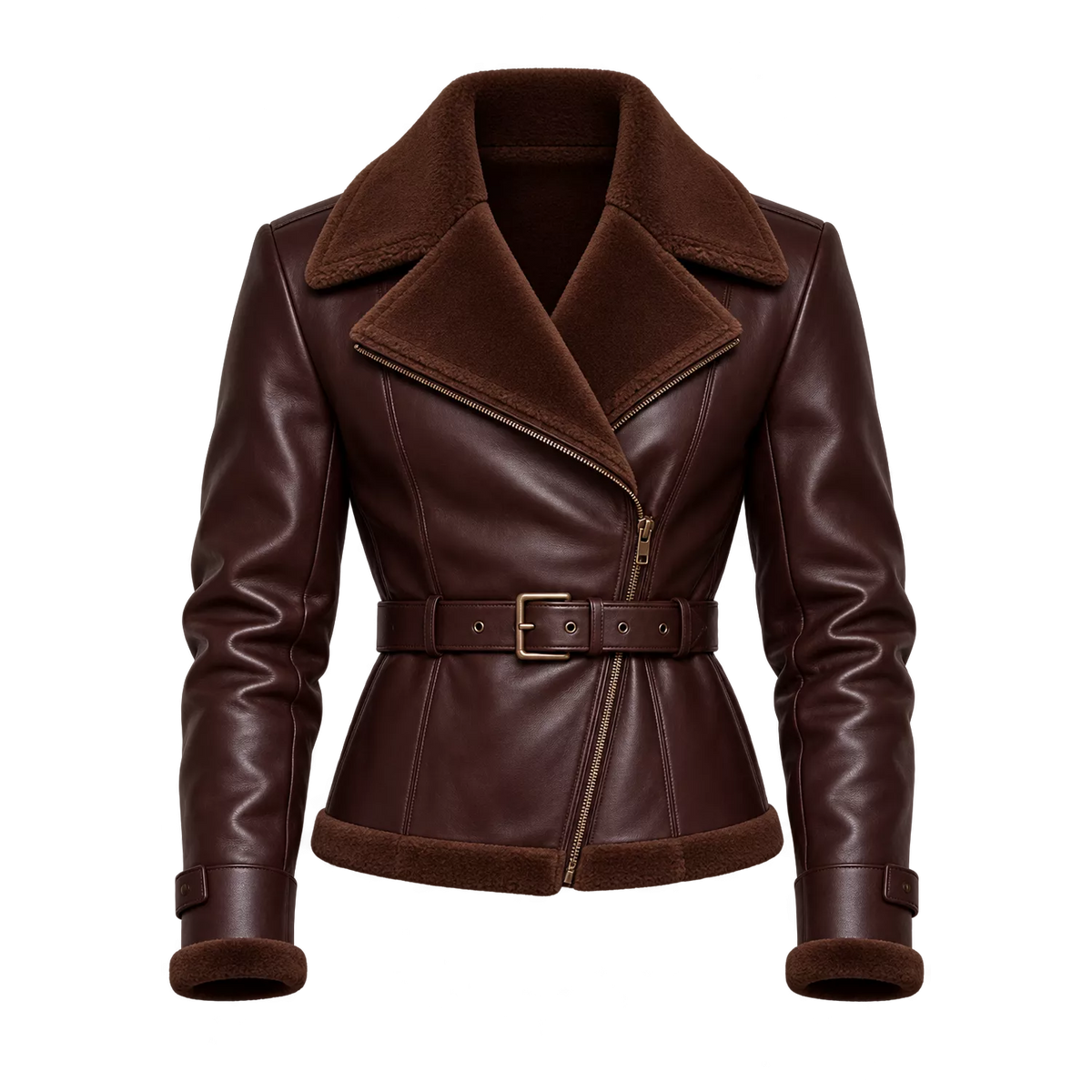 Women’s Brown Shearling Leather Biker Jacket | Belted Aviator Moto Style