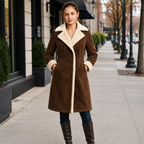 Women’s Brown Shearling Suede Leather Coat | Long Winter Jacket
