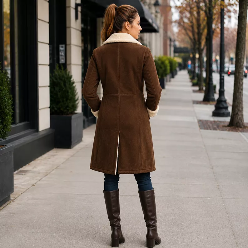 Women’s Brown Shearling Suede Leather Coat | Long Winter Jacket