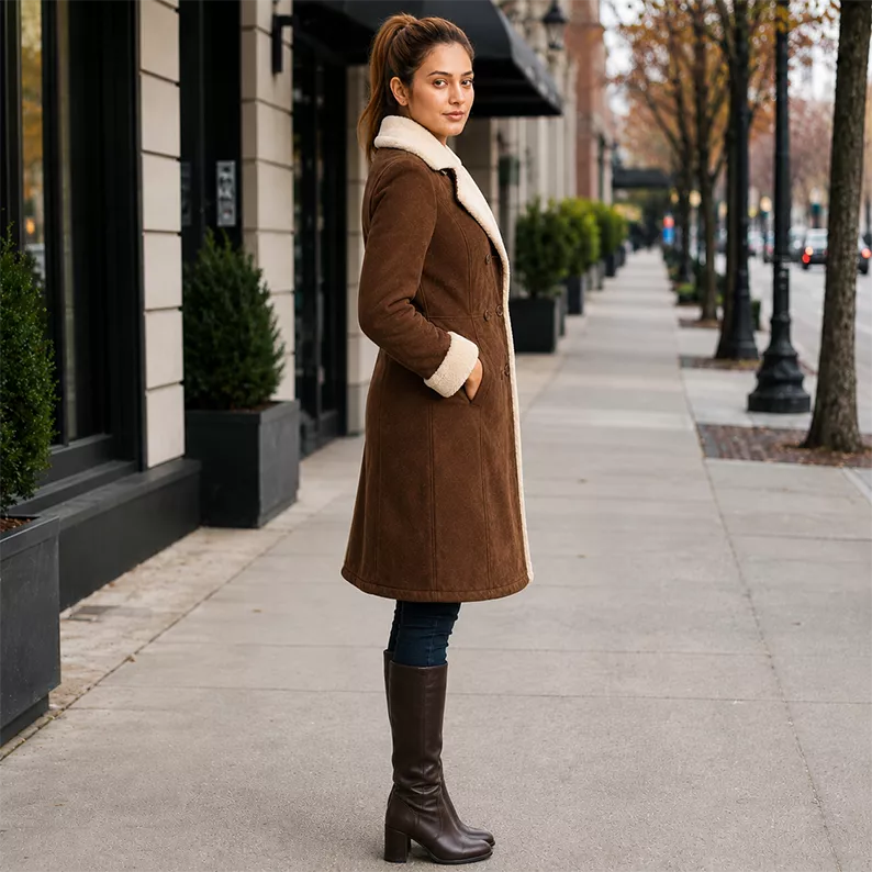Women’s Brown Shearling Suede Leather Coat | Long Winter Jacket