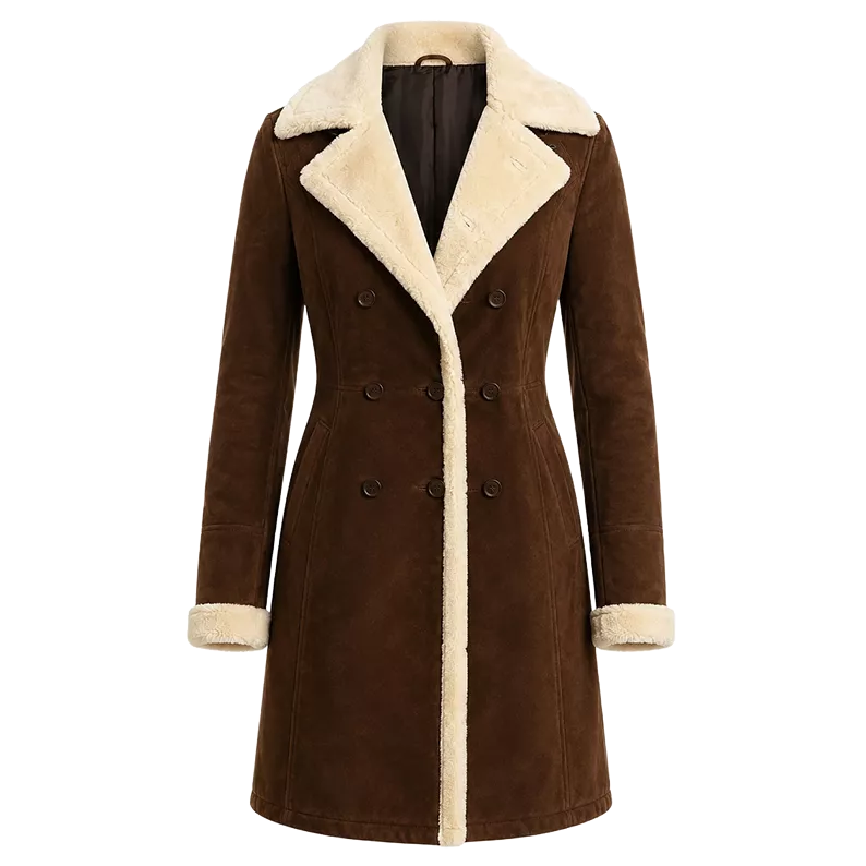 Women’s Brown Shearling Suede Leather Coat | Long Winter Jacket