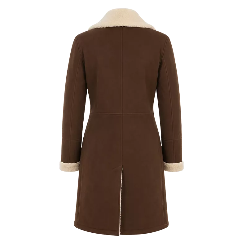 Women’s Brown Shearling Suede Leather Coat | Long Winter Jacket
