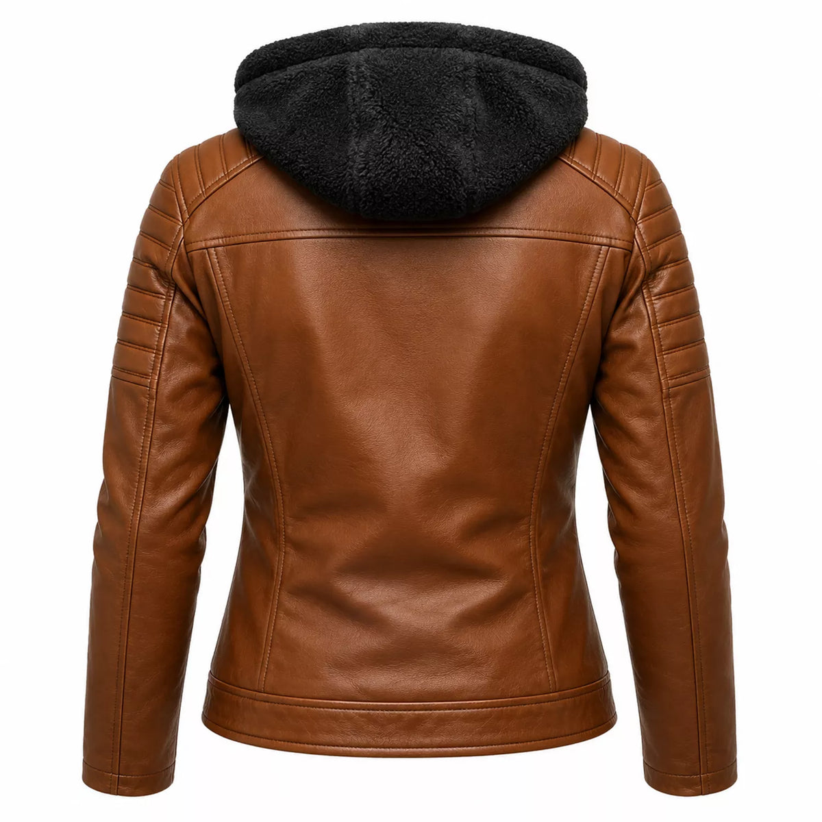 Women’s Brown Sherpa-Lined Leather Jacket | Hooded Biker Style