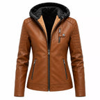 Women’s Brown Sherpa-Lined Leather Jacket | Hooded Biker Style