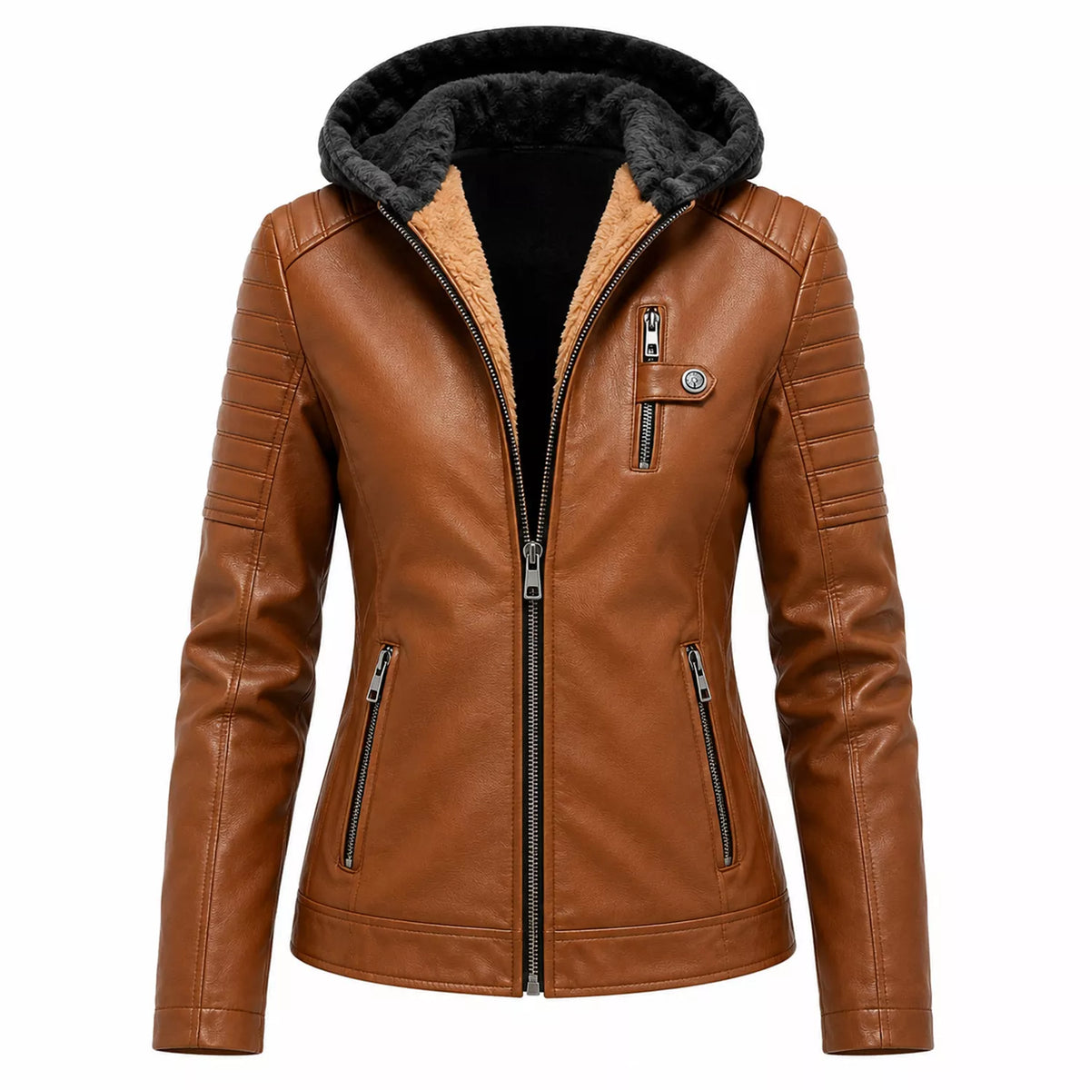 Women’s Brown Sherpa-Lined Leather Jacket | Hooded Biker Style