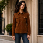 Women’s Brown Suede Trucker Jacket | Classic Leather Shirt Jacket Style