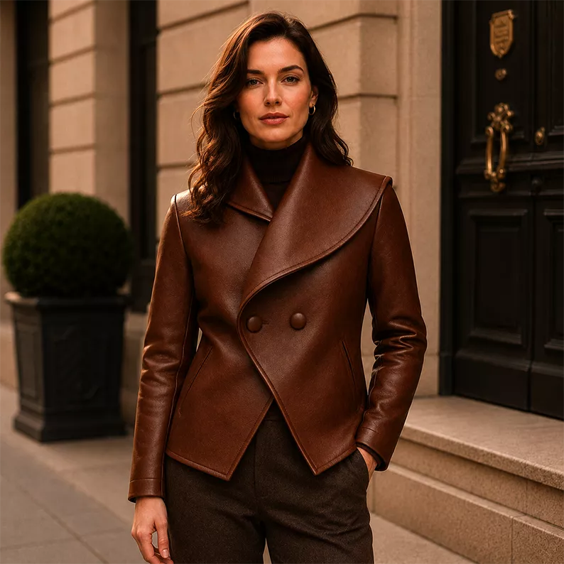 Women’s Wrap Leather Jacket | Asymmetric Button Front Blazer Style Coat
