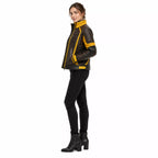 Women's Brown Yellow Leather Moto Jacket | High Collar Biker Style Jacket