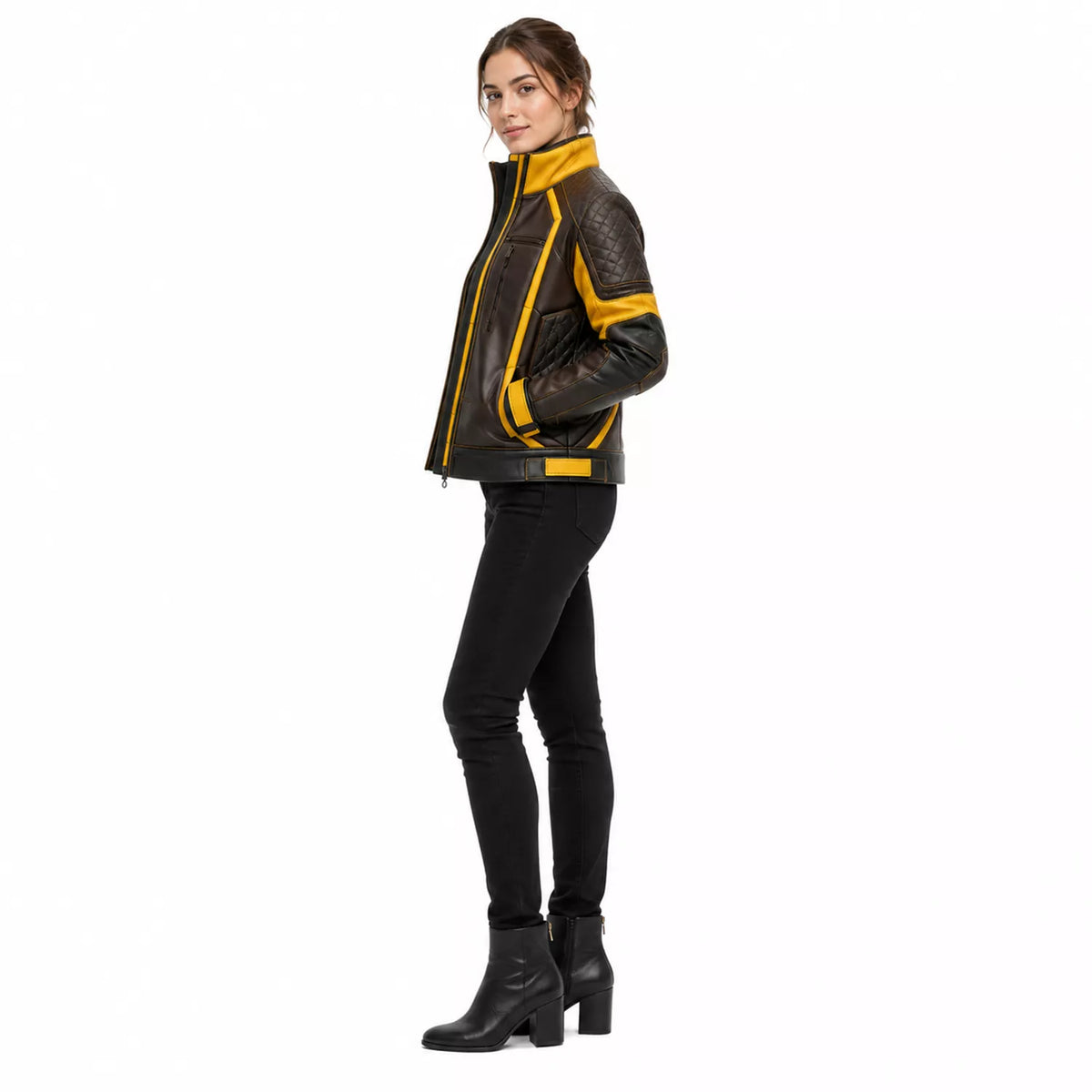 Women's Brown Yellow Leather Moto Jacket | High Collar Biker Style Jacket