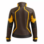 Women's Brown Yellow Leather Moto Jacket | High Collar Biker Style Jacket