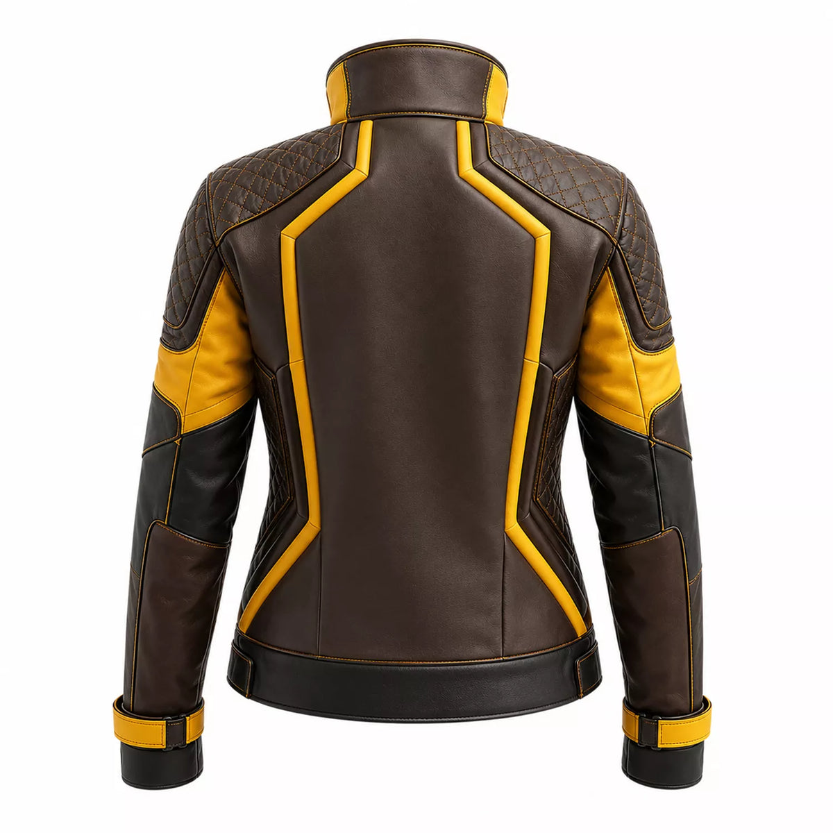 Women's Brown Yellow Leather Moto Jacket | High Collar Biker Style Jacket