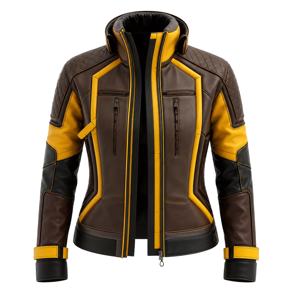 Women's Brown Yellow Leather Moto Jacket | High Collar Biker Style Jacket
