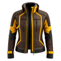 Women's Brown Yellow Leather Moto Jacket | High Collar Biker Style Jacket