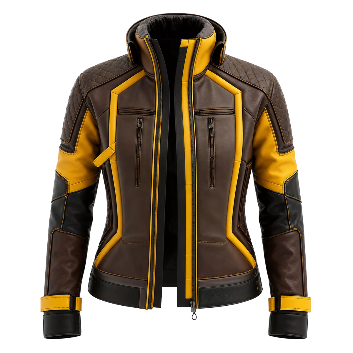 Women's Brown Yellow Leather Moto Jacket | High Collar Biker Style Jacket