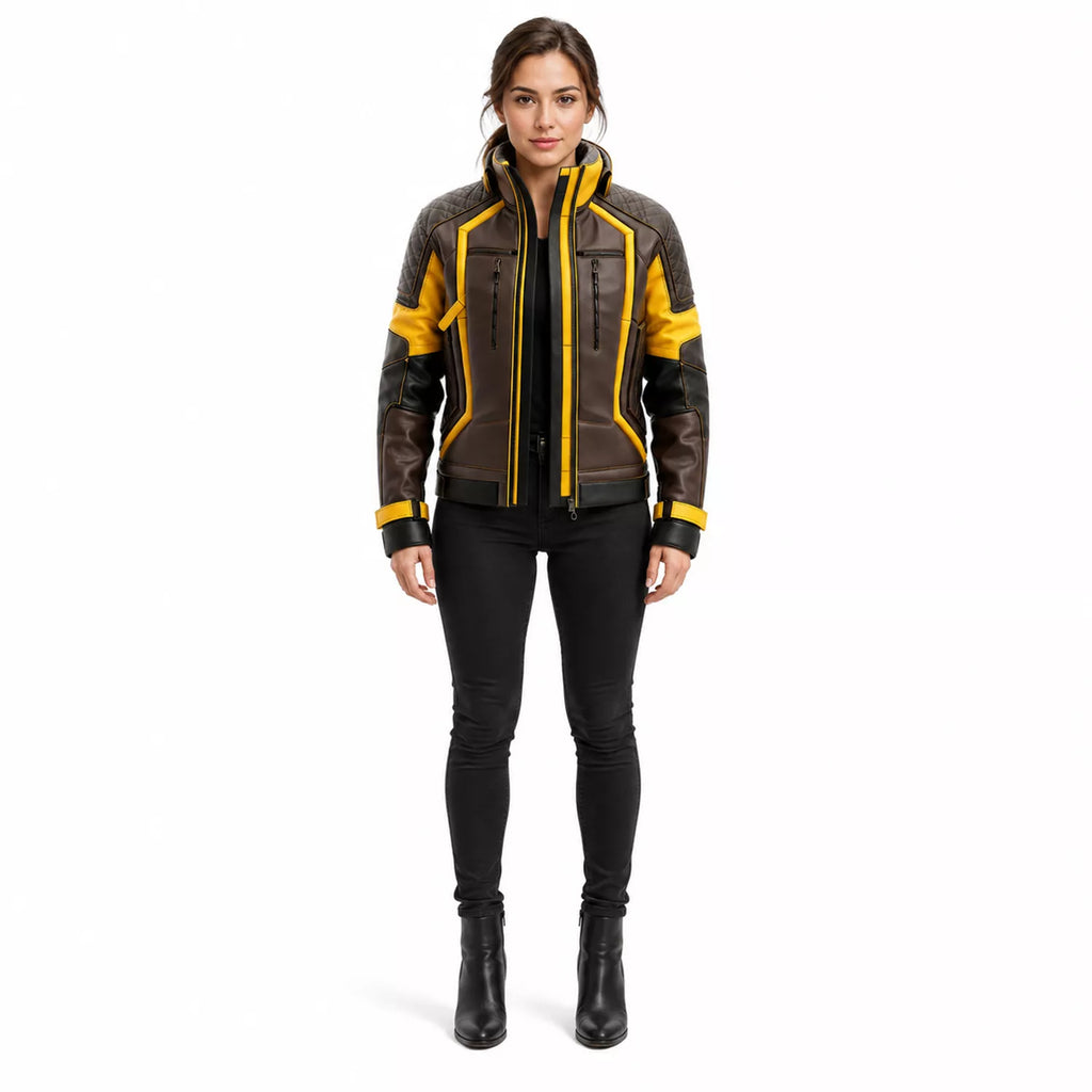 Women's Brown Yellow Leather Moto Jacket | High Collar Biker Style Jacket