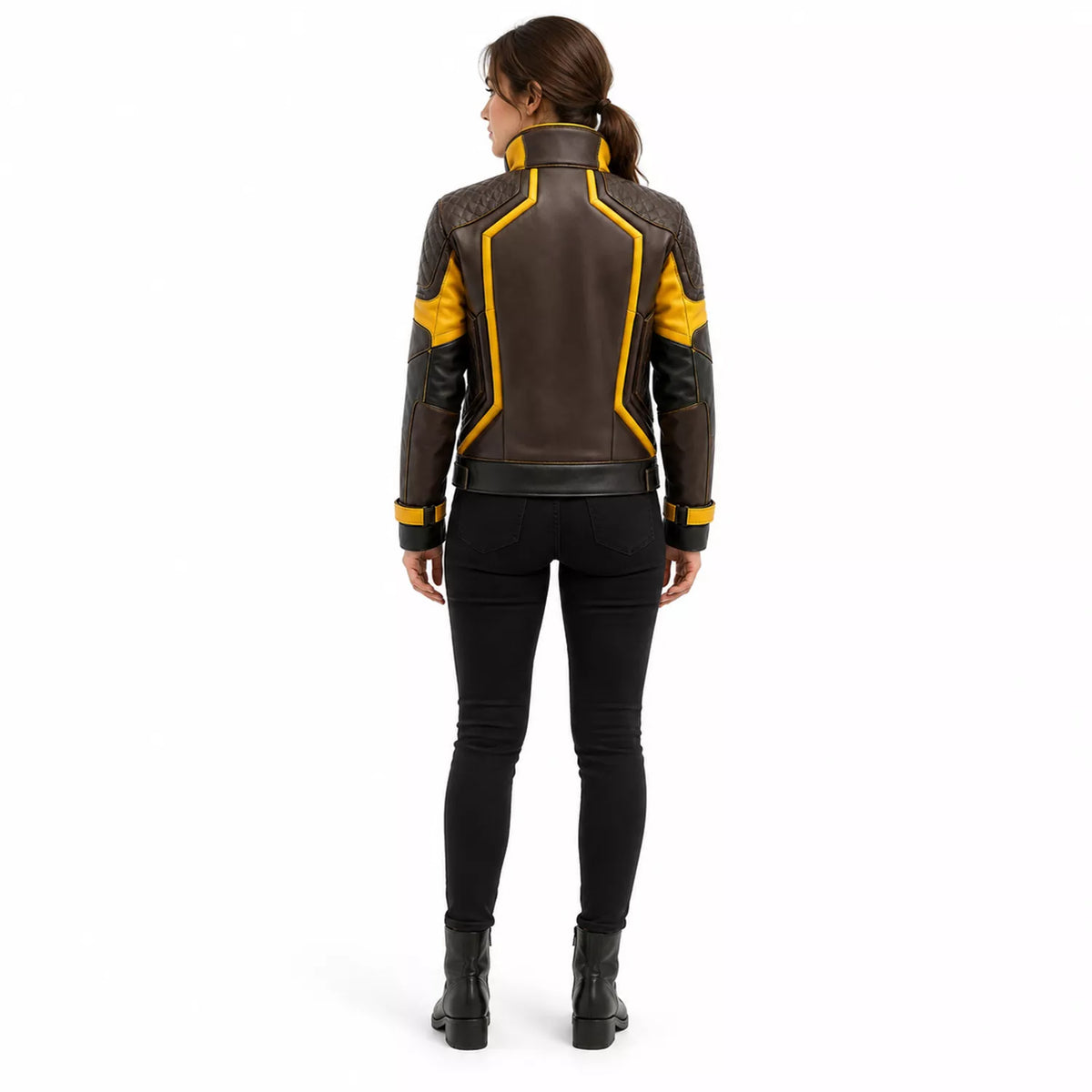 Women's Brown Yellow Leather Moto Jacket | High Collar Biker Style Jacket